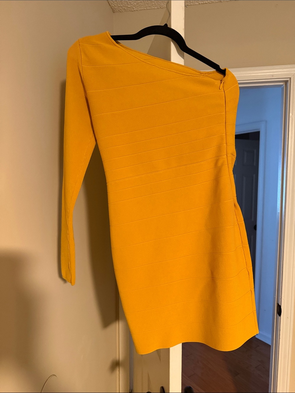 bebe One-Shoulder Long Sleeve Dress in Mustard - Picture 3 of 3